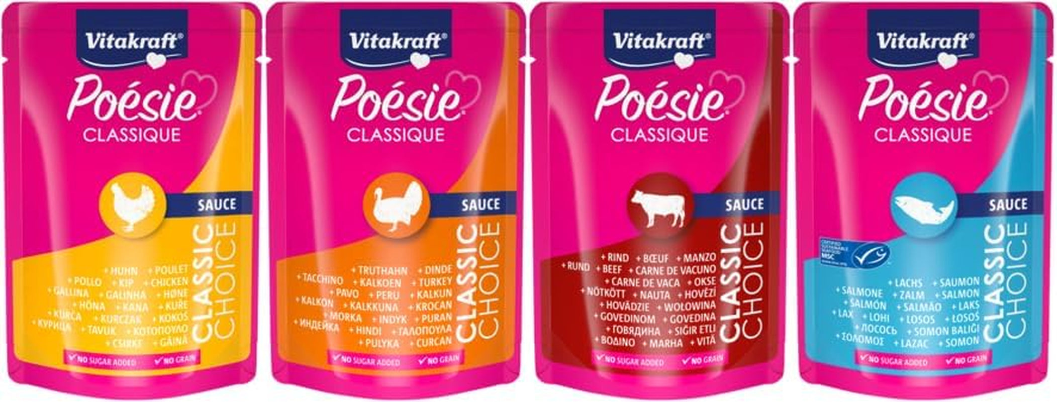 Vitakraft Poésie Classique, nourriture humide pour chat, nourriture pour chat en sauce, au poulet, à la dinde, au bœuf, au saumon, sans sucre ajouté et céréales (1 paquet de 12 x 85g)