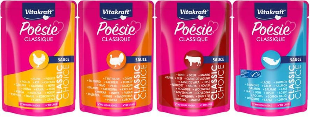 Vitakraft Poésie Classique, nourriture humide pour chat, nourriture pour chat en sauce, au poulet, à la dinde, au bœuf, au saumon, sans sucre ajouté et céréales (1 paquet de 12 x 85g)