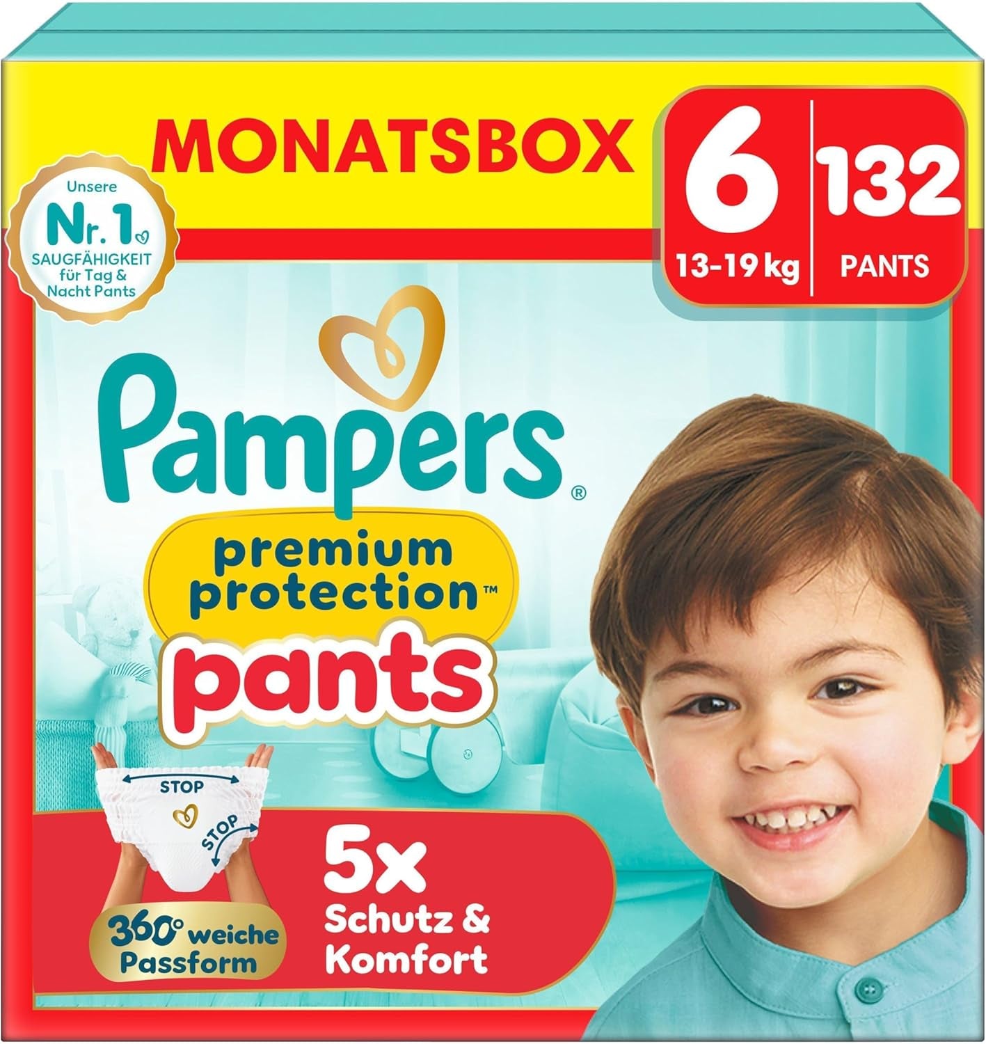 Pampers Premium Protection Pants taille 5, 144 couches, 11 kg - 17 kg, avec réglage à 360° et poignets anti-fuites souples pour un confort et une protection optimaux