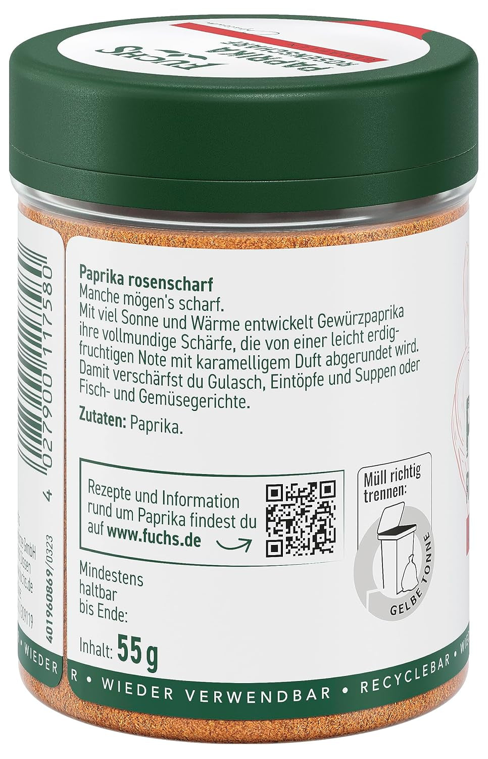Fuchs Gewürze - Paprika rosenscharf gemahlen - schärfer Gesmack für Gulasch, Eintöpfe oder Gemüsegerichte - ingrédients naturels - 55 g dans une dose variable, recyclable