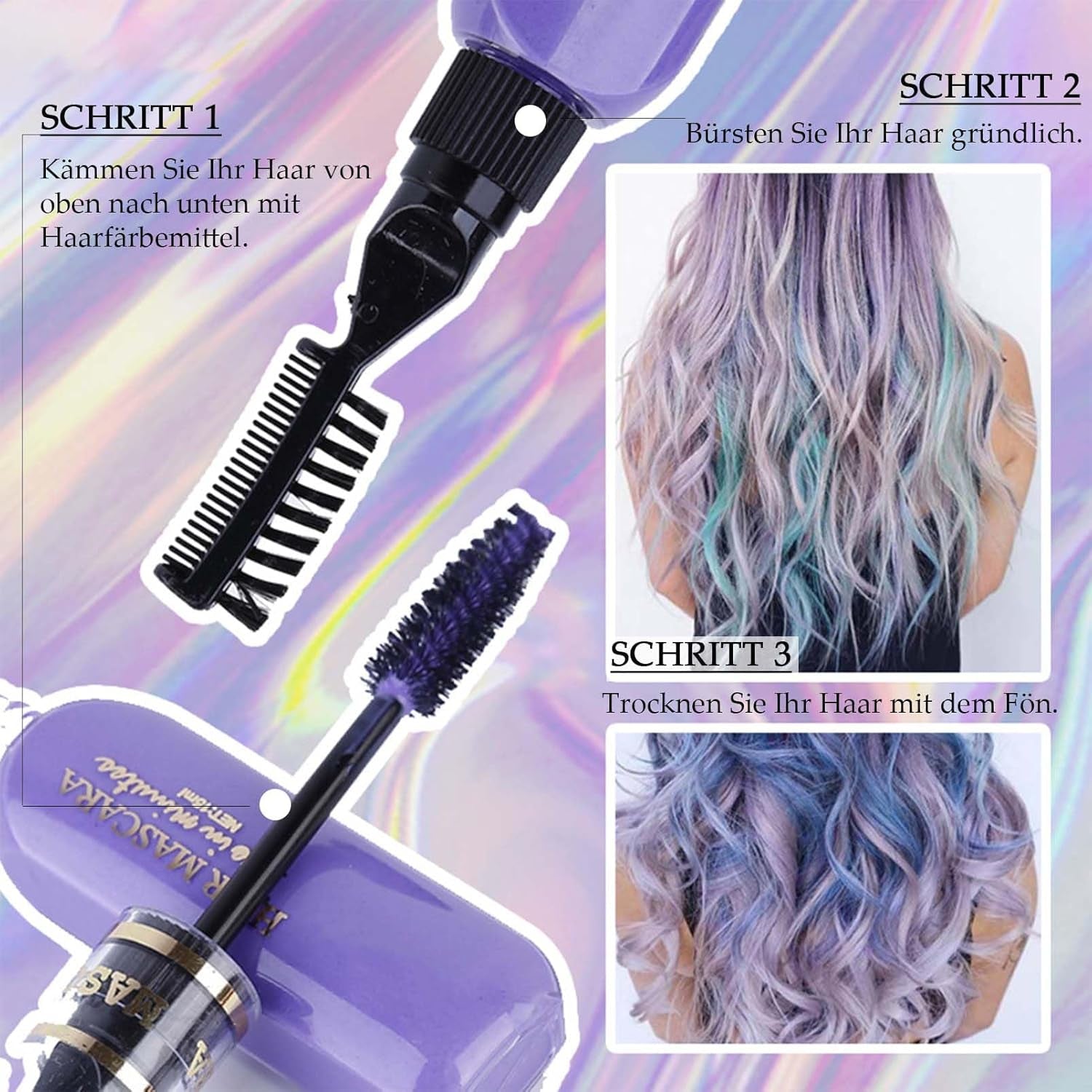 Teinture capillaire instantanée 6 couleurs Mascara capillaire temporaire pour filles et femmes Craie capillaire lavable Mascara capillaire arc-en-ciel Teinture capillaire pour carnaval Halloween Cosplay fête anniversaire (A) Naty Shop Coloration capillaire