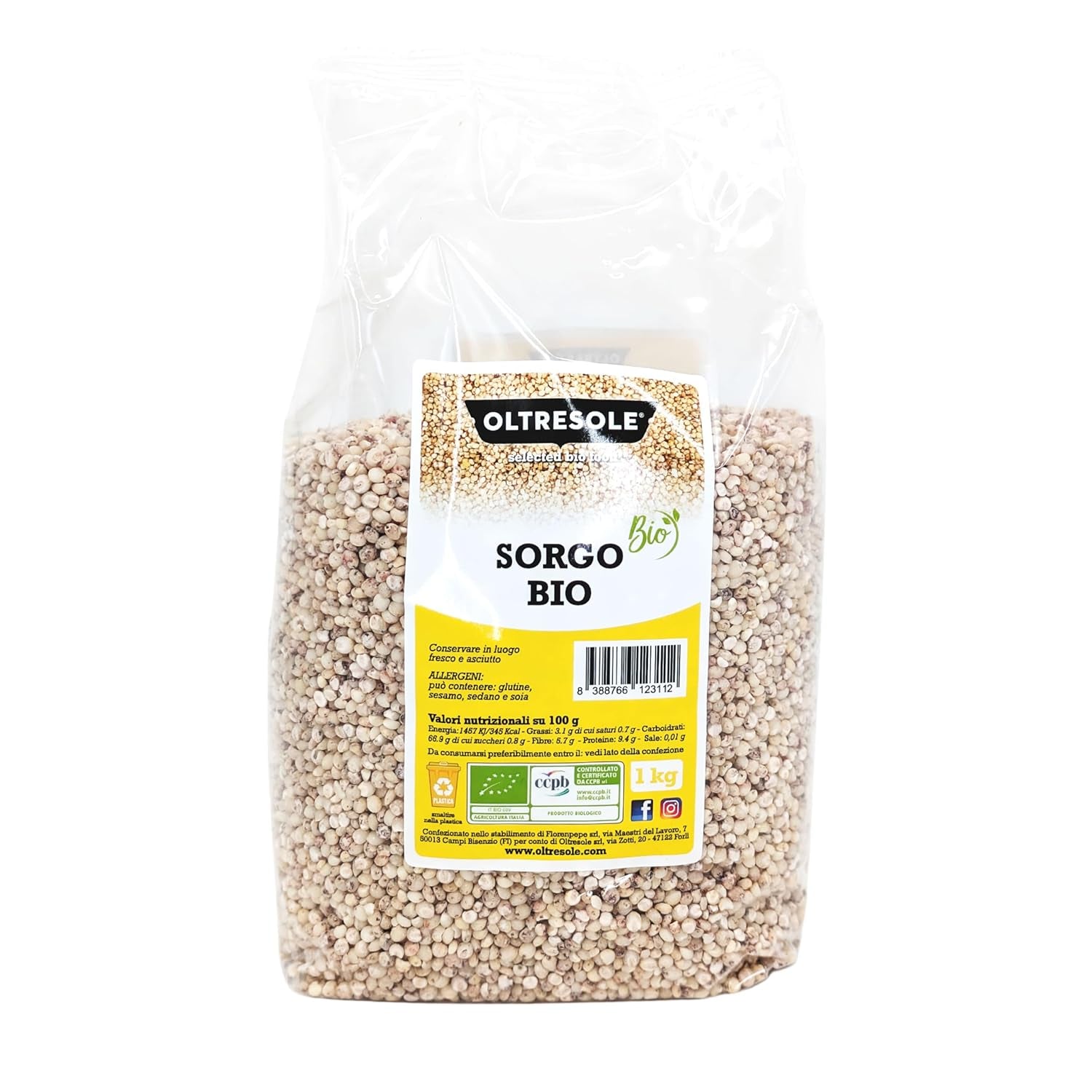Sorgho blanc biologique, 1 kg, décortiqué, grain cru, cultivé biologiquement en Italie, emballage idéal pour la famille