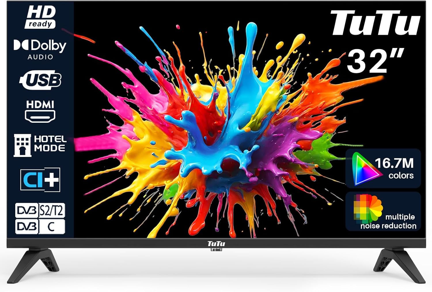 Televizor LED HD TuTu de 24 de inci (60 cm) cu tuner triplu (DVB-T/T2-CS/S2), player media USB, HDMI, VGA, CI/CI+, mod hotel (2024, 220 volți)