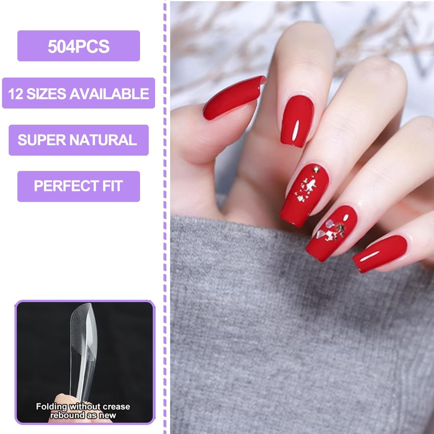 Lot de 504 faux ongles à couverture complète, 12 tailles, avec colle à ongles, ongles artificiels en acrylique avec boîte de rangement pour salons de manucure et bricolage à domicile (carré)