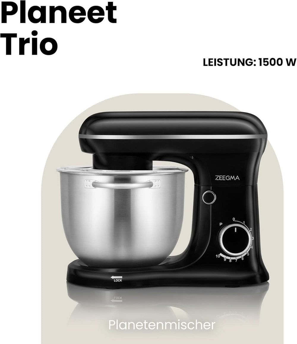 Robot planétaire ZEEGMA PLANEET TRIO, 1500 W, machine de cuisine multifonction avec 3 brûleurs 4 L, 4,5 L et 5,2 L, 10 vitesses de cuisson, mélangeur avec haken, Schneebesen (noir) Mother and Child Naty Shop