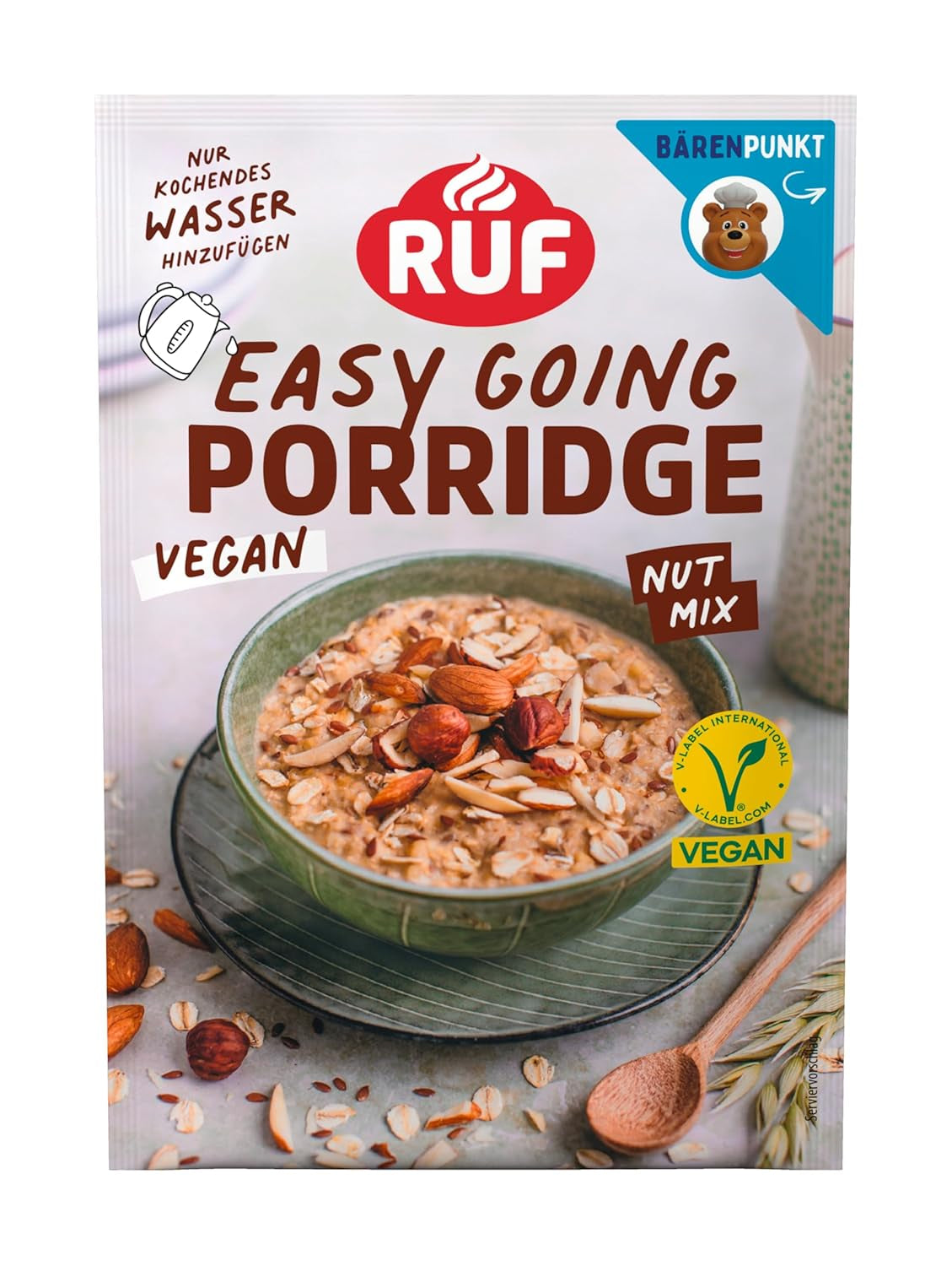 RUF Vegan Porridge aux Noix et Avoine, flocons d'avoine aux amandes, noisettes et graines de lin, facile à préparer, dans un emballage pratique en portions, 1 x 60 g