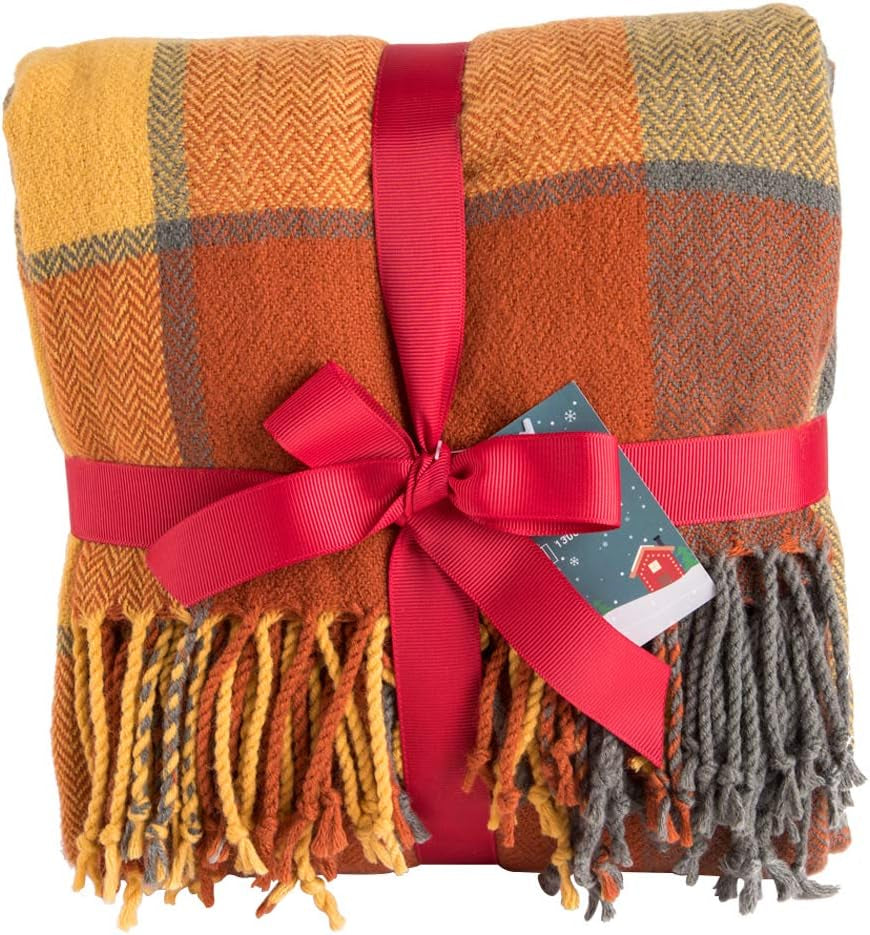 G Lake Couverture à carreaux orange en acrylique doux réversible à franges colorées, cadeau pour décorations de Noël, 127 cm de large x 170,2 cm, lits et couvertures orange citrouille G Lake couleur citrouille 50 po x 67 po