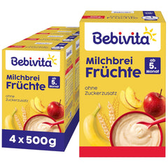 Bouillie de lait aux fruits (4x500g), dès 5 mois, sans sucre ajouté, avec de précieux minéraux et vitamines, très nourrissante