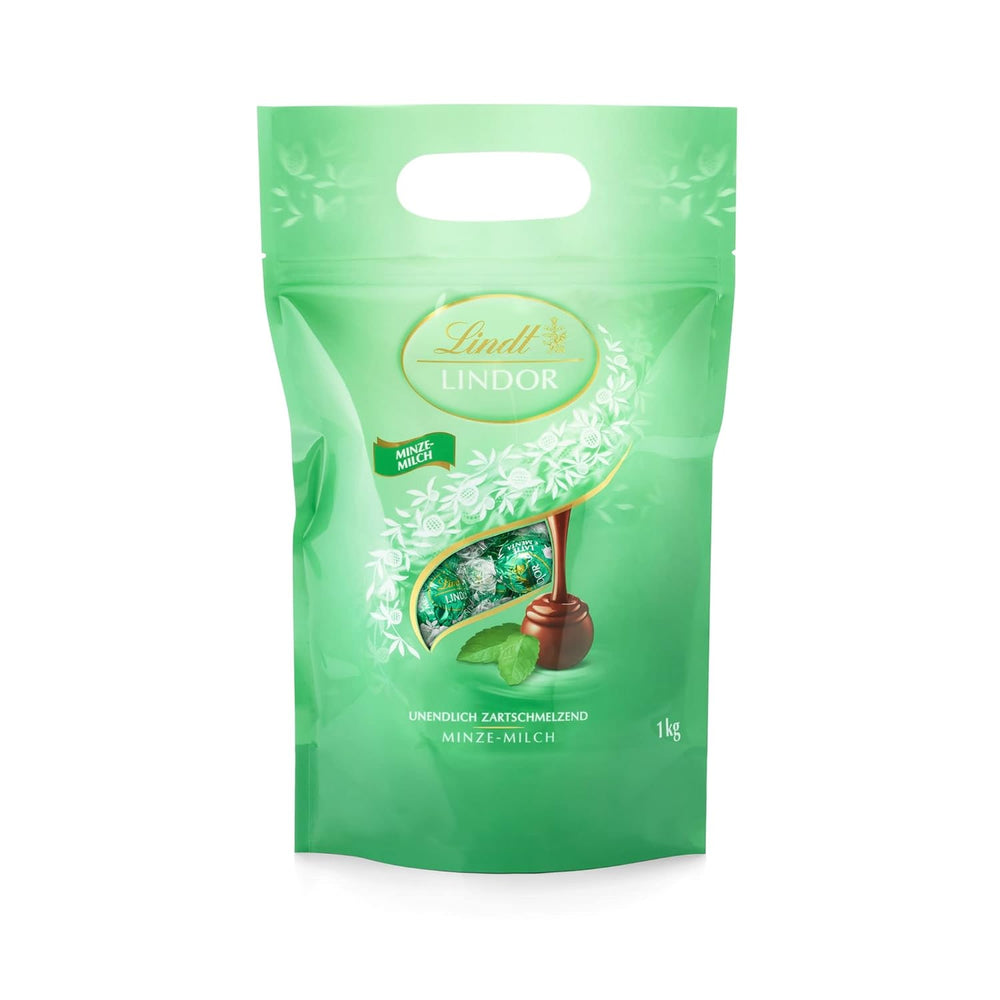 Boules de chocolat LINDOR | Sac refermable de 1 kg | env. 80 boules de chocolat au lait fourrées à la menthe | Emballage en vrac et boules de chocolat au caramel salé LINDOR