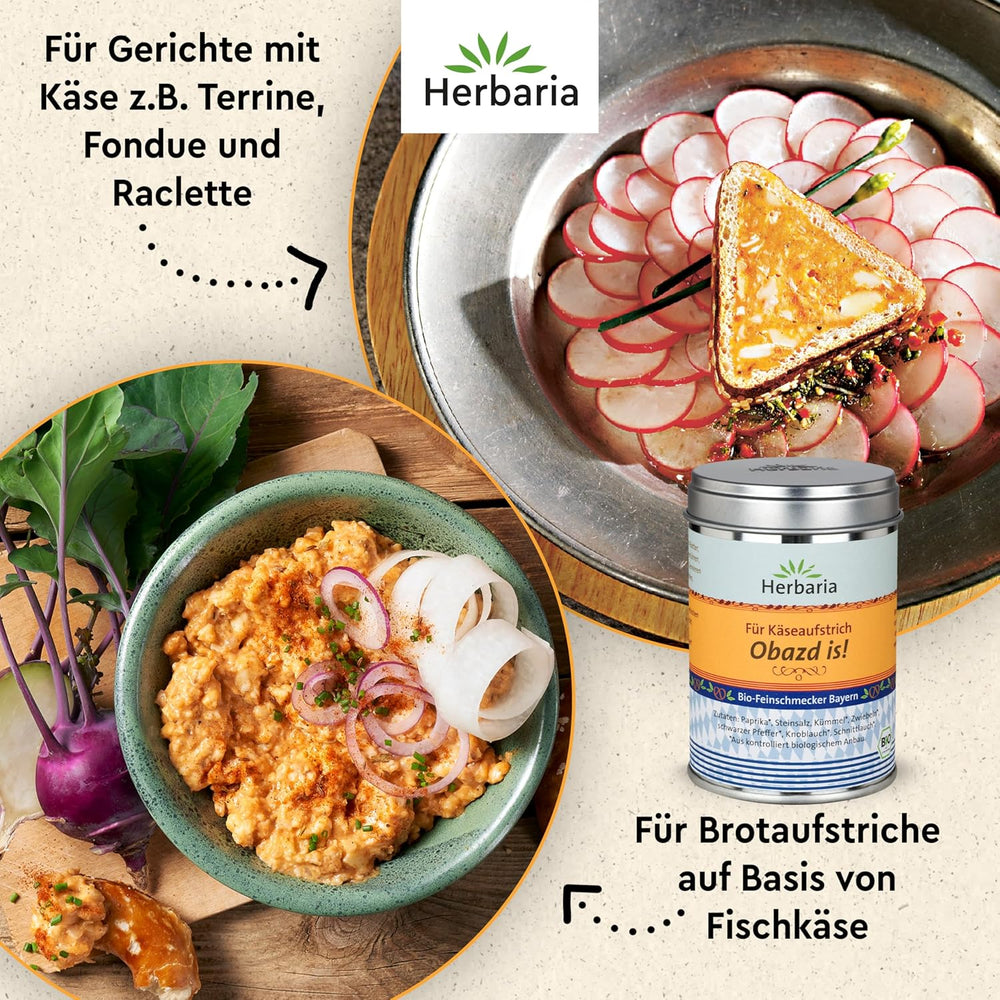Herbaria Obazd l'est ! bio 90g M-Dose – Bio-Gewürzmischung bayerischen Biergartenklassiker Obazda – pour Brotaufstriche, Käsegerichte, Käsefondue – Raclette Gewürz - dans nachhaltiger Aromaschutz-Dose