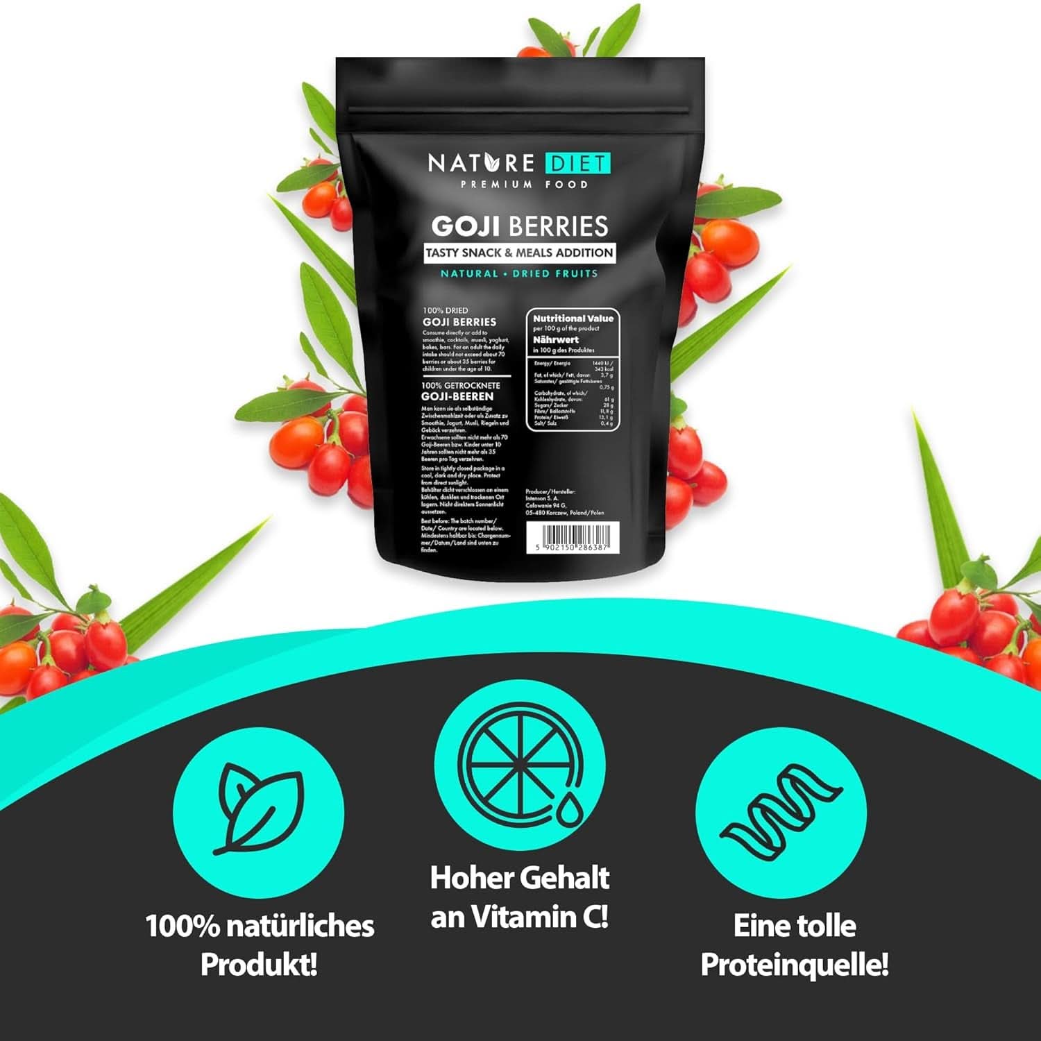 Nature Diet - Baies de Goji 1000 G | Baies séchées Produits déshydratés Naty Shop