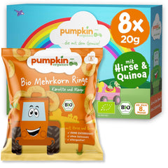 Pumpkin Organics Baby Multigrain Carrot and Mango Rings (Pack de 8) Snacks pour bébé sans additifs à partir de 12 mois - Sans allergène² et sans gluten³ Snacks croquants pour bébé (8 x 20 g)