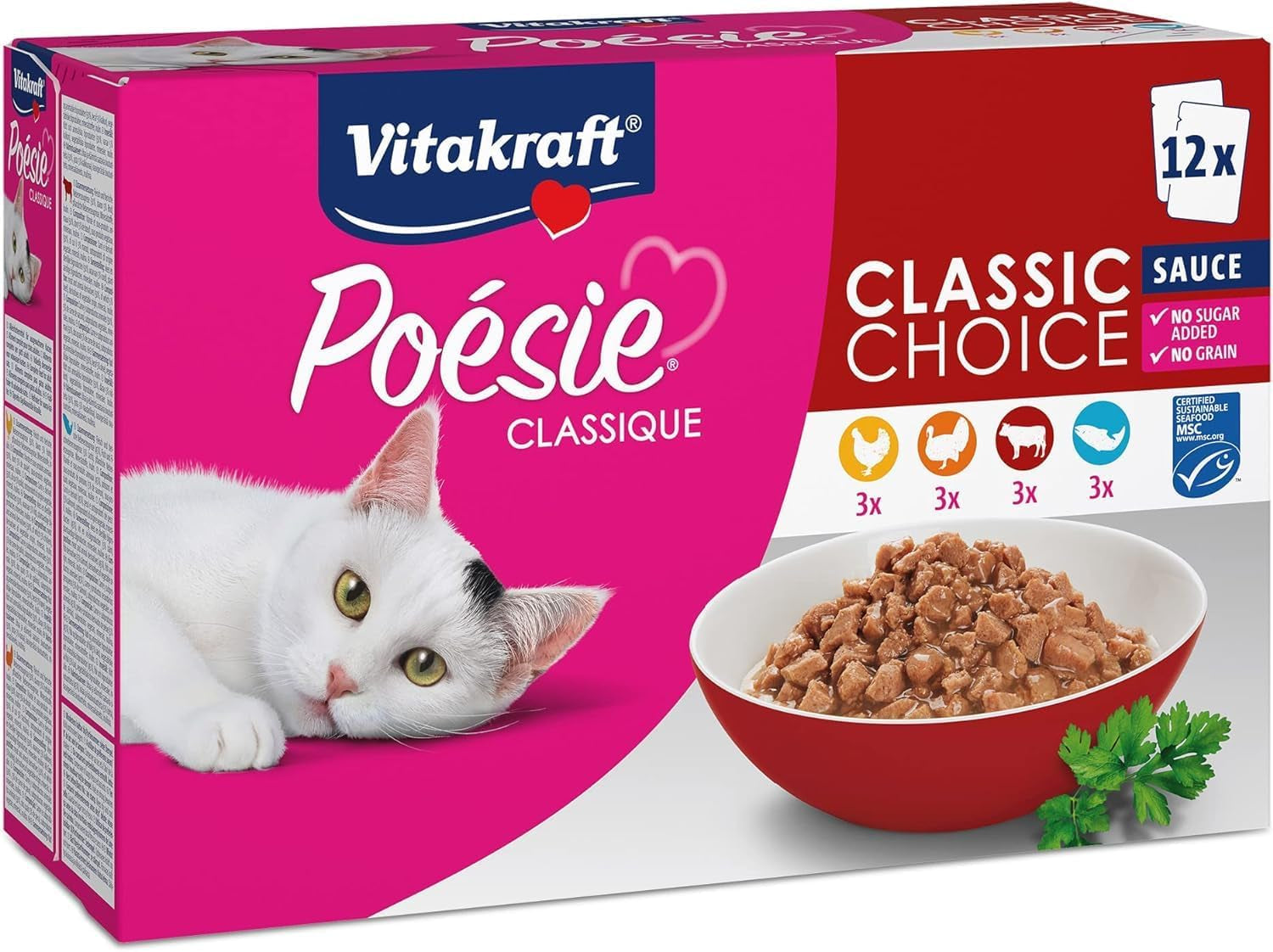 Vitakraft Poésie Classique, nourriture humide pour chat, nourriture pour chat en sauce, au poulet, à la dinde, au bœuf, au saumon, sans sucre ajouté et céréales (1 paquet de 12 x 85g)