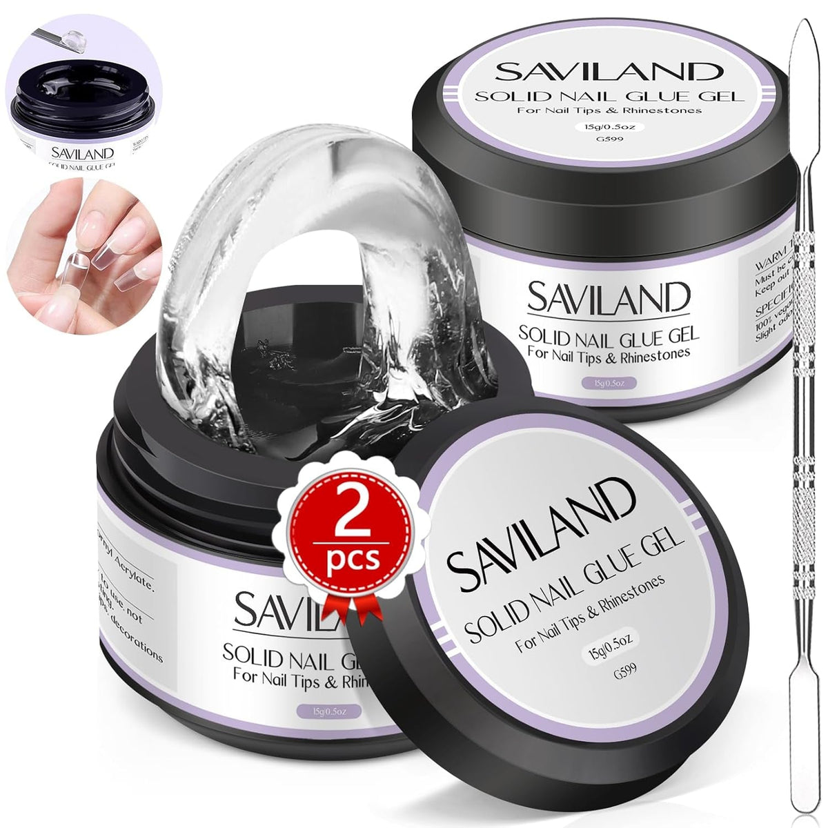 Saviland Colle solide pour pointes d'ongles : 2 pièces 15 g de colle artificielle extra forte à pression sur les ongles, colle UV gel pour femmes, salon de maison, bricolage, lampe UV/LED durcie