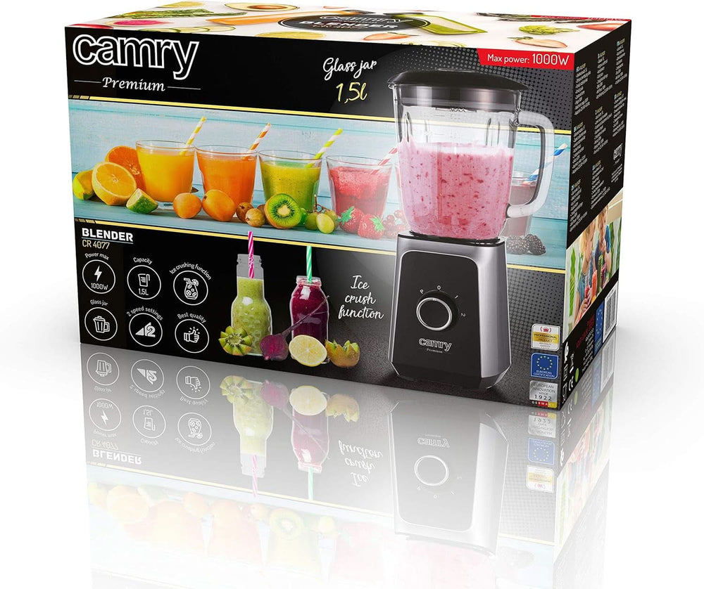 CR 4077 Batteur sur socle avec récipient en verre de 1,5 L, Smoothie Maker, Mélangeur haut, Mahlung, Eis-Zerkleinerung, Pulsfunktion, Edelstahlklingen, 2 Geschwindigkeiten, 1000W, Schwarz/Silber Kitchen Naty Shop
