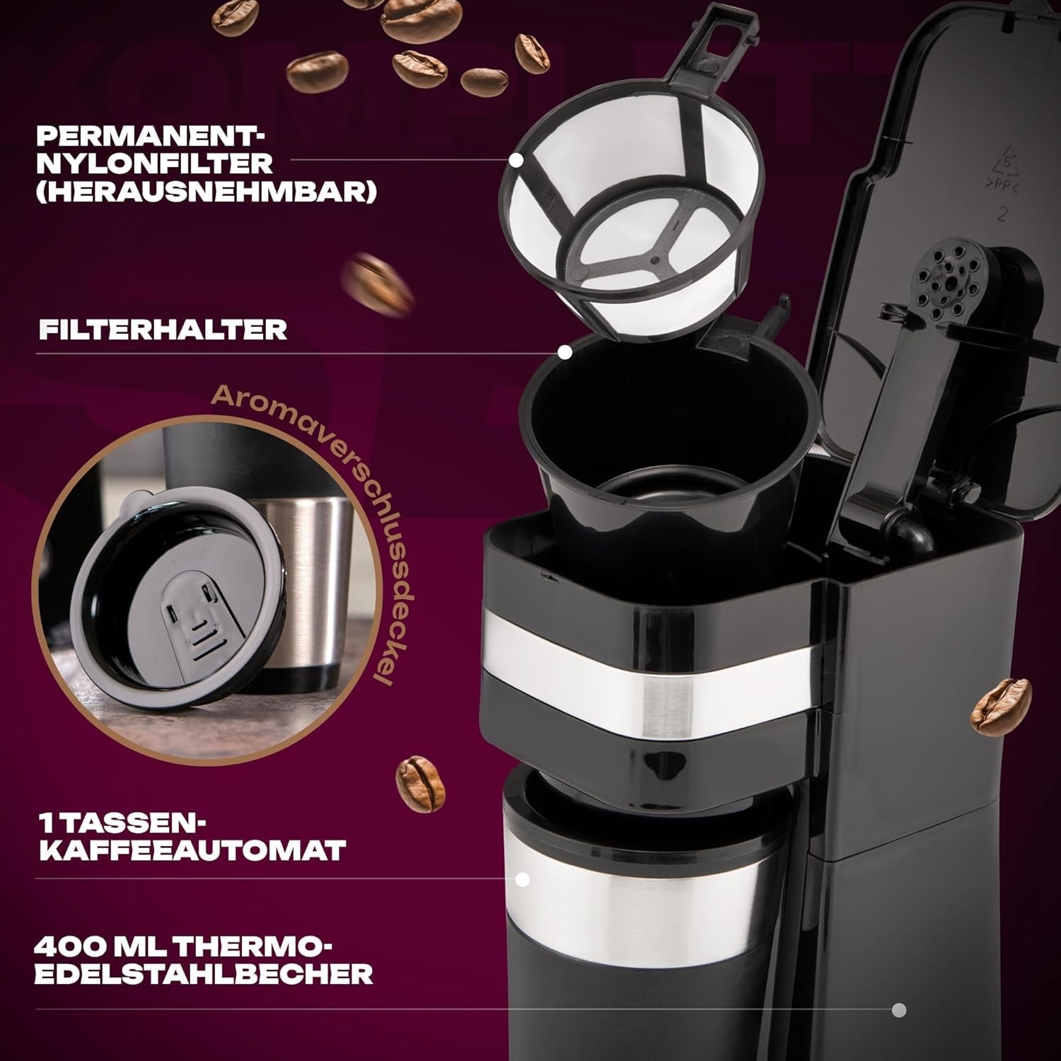 Machine à expresso Clatronique | Tasse de voyage 400 ml | Compatible avec tous les porte-gobelets standards (par exemple pour voiture) | Machine à expresso avec filtre | Filtre permanent en nylon | Mug en acier inoxydable avec couvercle aromatique | CA 3733