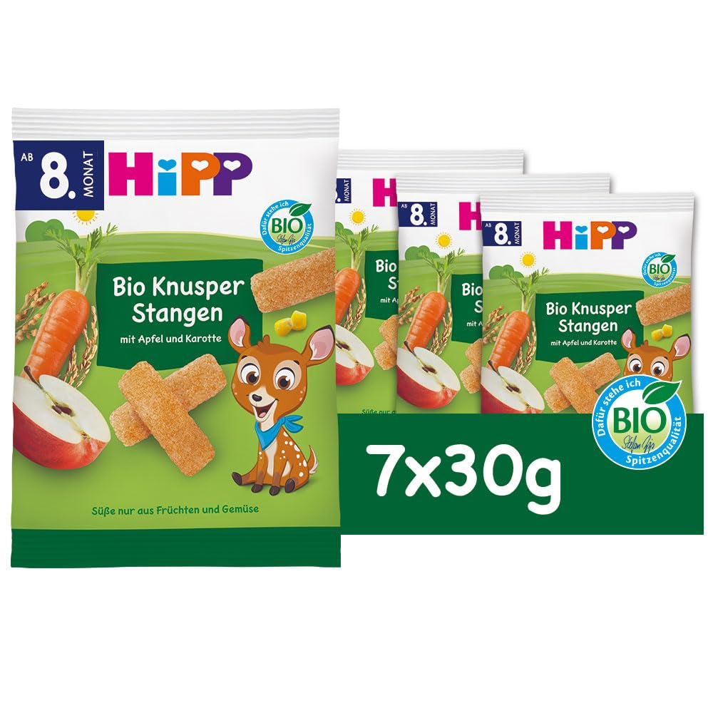 HiPP Bio Knusper Stangen Apple Karotte (7 x 30g), Babysnack ab 8. Monat, Süße nur aus Früchten und Gemüse, glutenfree, in best Bio-Qualität