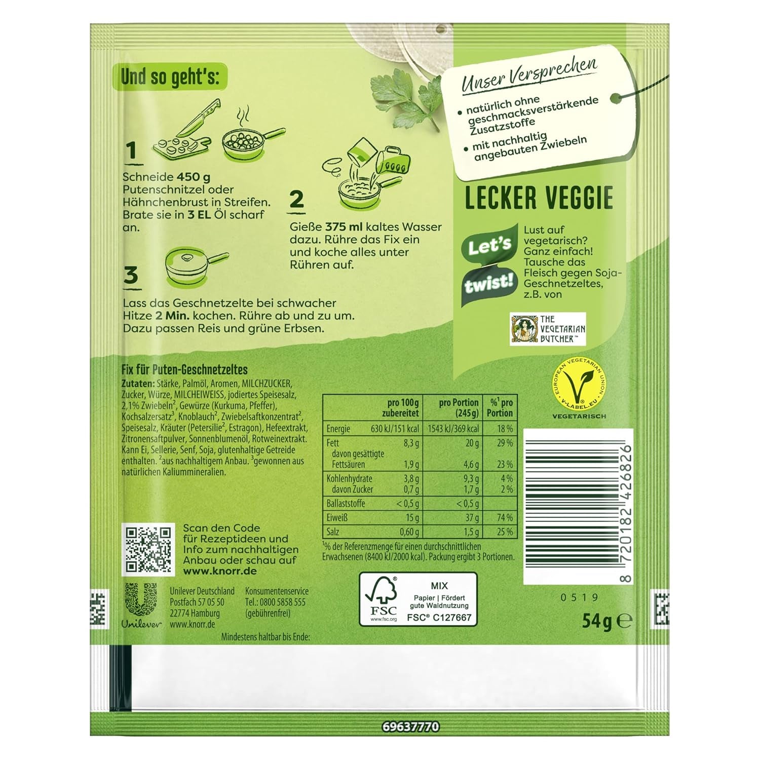 Knorr Fix Puten-Geschnetzeltes für ein leckeres Fleischgericht sans geschmacksverstärkende Zusatzstoffe 3 Portionen