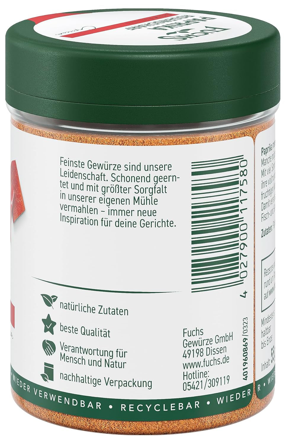 Fuchs Gewürze - Paprika rosenscharf gemahlen - schärfer Gesmack für Gulasch, Eintöpfe oder Gemüsegerichte - ingrédients naturels - 55 g dans une dose variable, recyclable