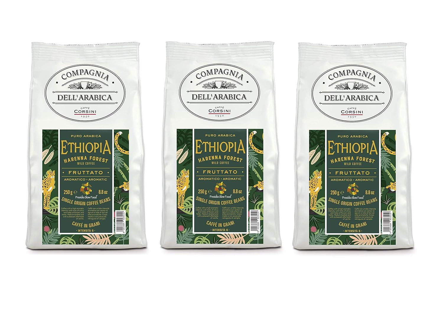 Caffè Corsini - Café en grains 3 X 250 grammes, Compagnia Dell'Arabica, différentes saveurs, origine unique, total 750G Café Naty Shop Ethiopie Café en grains