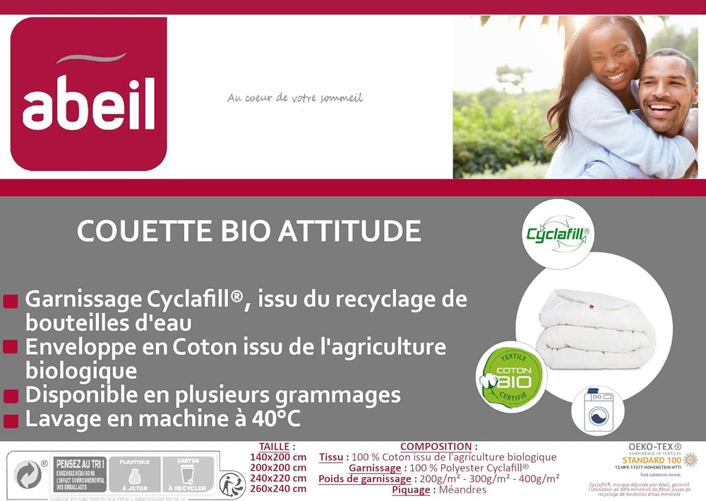 Couette Abeil Bio' Attitude, Légère, Housse en coton Bio, Garnissage : Polyester Cyclafill® 200 G/M², Lavable en machine, Certifié Oeko-Tex, 220 X 240 Cm Couettes et couettes Naty Shop
