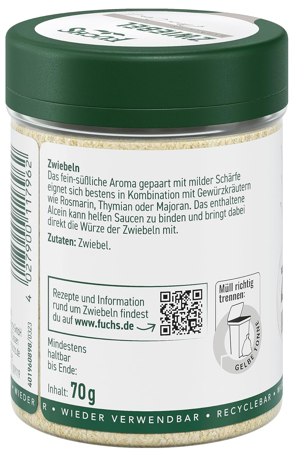Fuchs Gewürze - Zwiebel granuliert - Gewürz für Saucen oder Nudelgerichte - Ingrédients naturels - 70 g en dose variable, recyclable