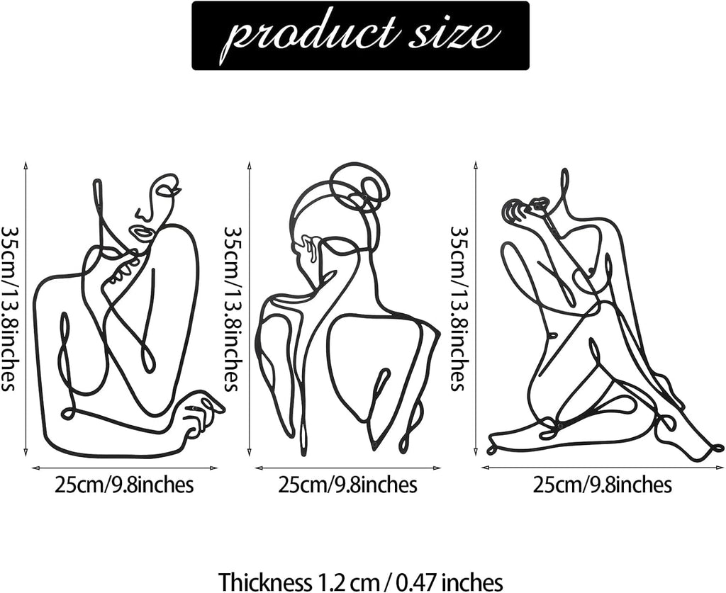 3 bucăți Metal Minimalist Woman Wall Art Deco Modern Metal Abstract Woman Wall Art Female Single Line Line Drawings to Hang for Living Room (negru, modern) Statuete si sculpturi Naty Shop