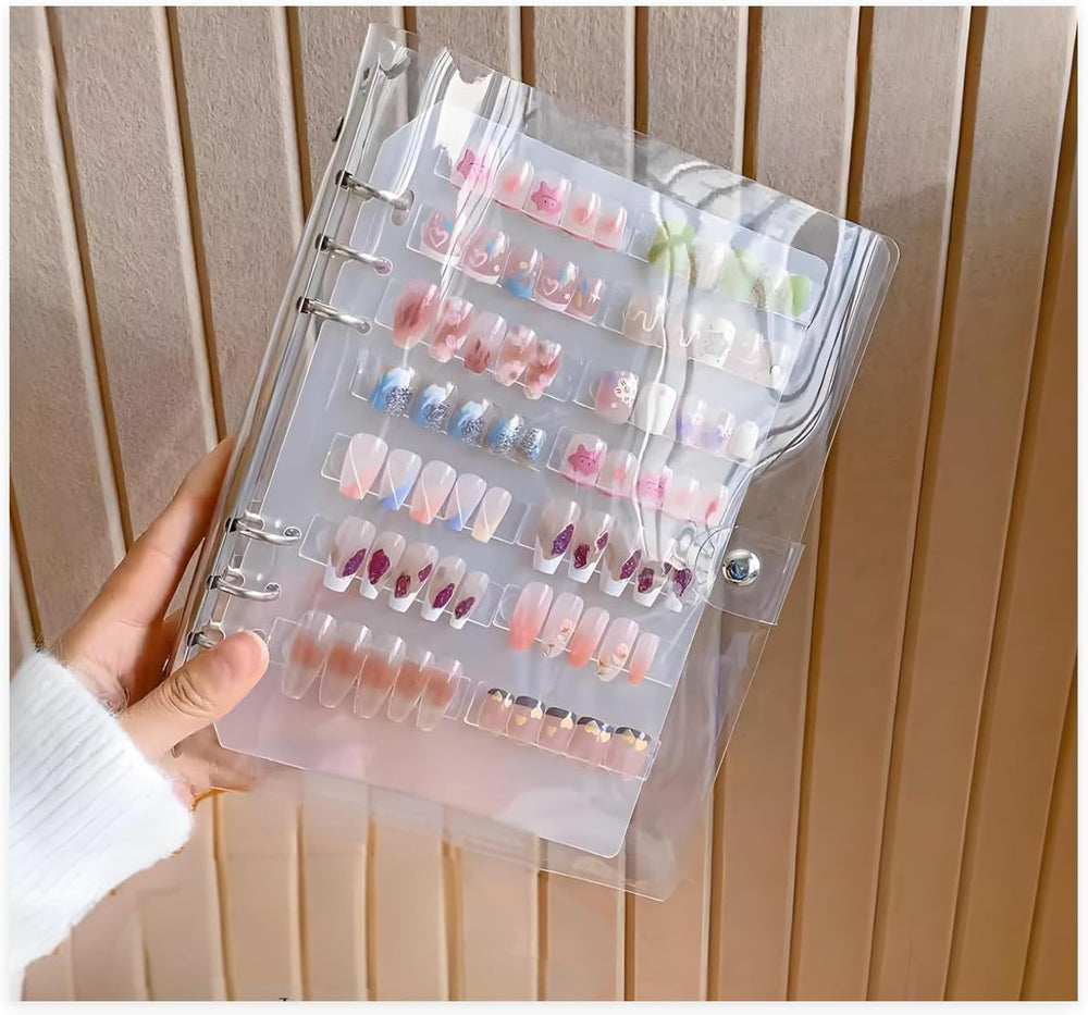 Ensemble de rangement pour ongles A5 avec fermeture à agrafes et feuilles amovibles – Boîte transparente robuste + 6 tampons adhésifs et livre de rangement amovible pour ongles artificiels/adhésifs – Idéal pour le rangement, la présentation