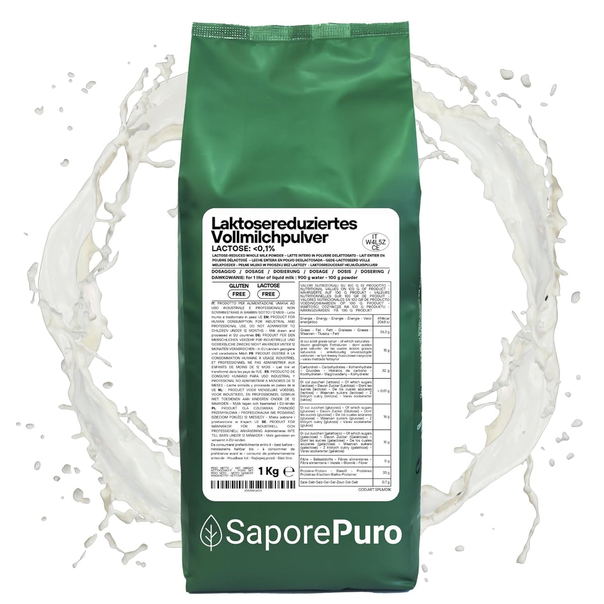 Laktosefreies Vollmilchpulver 1 kg | Haute Löslichkeit | Idéal pour les pâtisseries, le pain et les aliments Usage professionnel et industriel Sans lactose Sans gluten