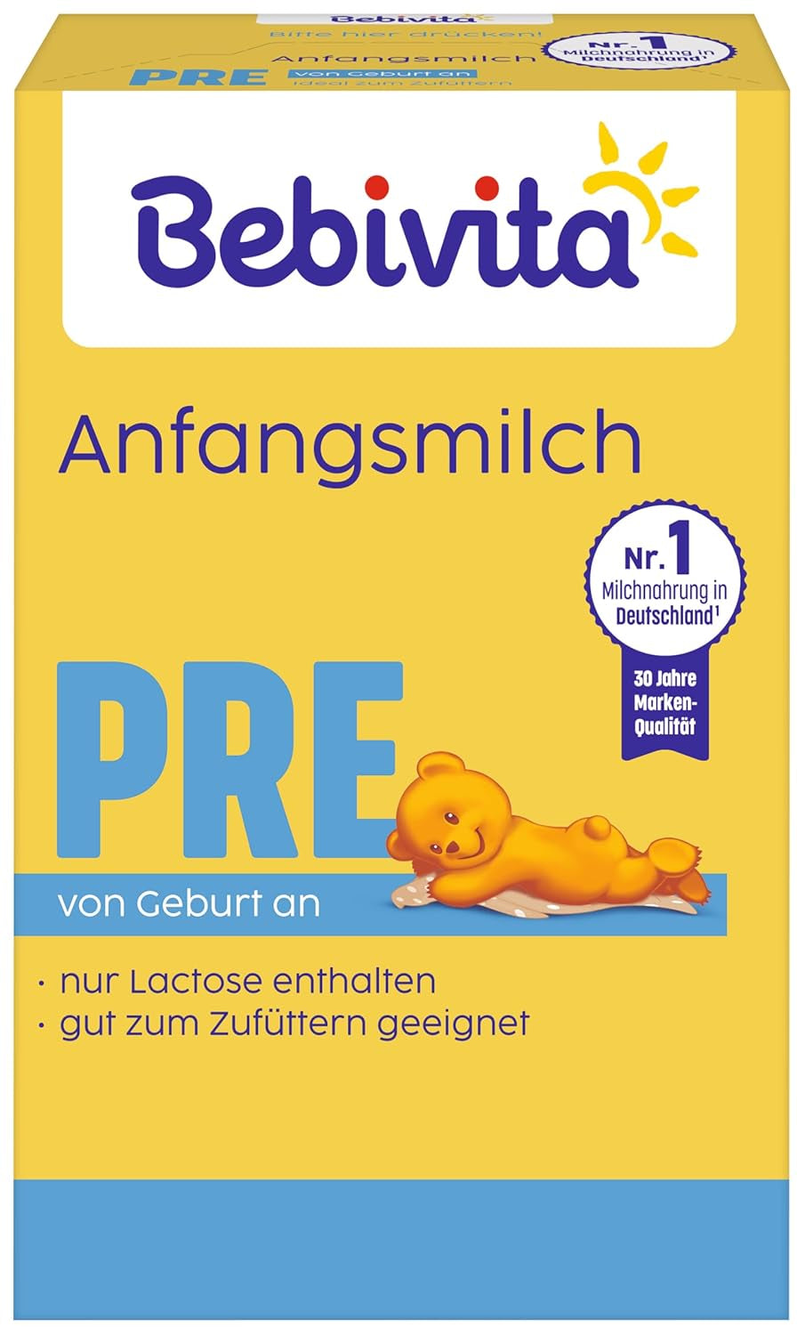 Le lait en poudre PRE (5 x 500 g), dès la naissance, contient uniquement du lactose comme glucide, adapté à l'alimentation complémentaire
