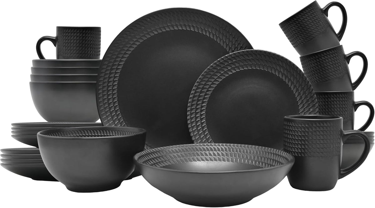ECHTWERK 30-Teiliges Vintage Kombiservice "Blackstyle" Modern-Design, Für 6 Personen, Geschirrset Aus Steingut Mit 6 X Speiseteller, 6 X Beilagenteller, 6 X Schüssel, 6 X Teetassen, 6 X Suppenteller Sets de table Naty Shop 30-Teilig