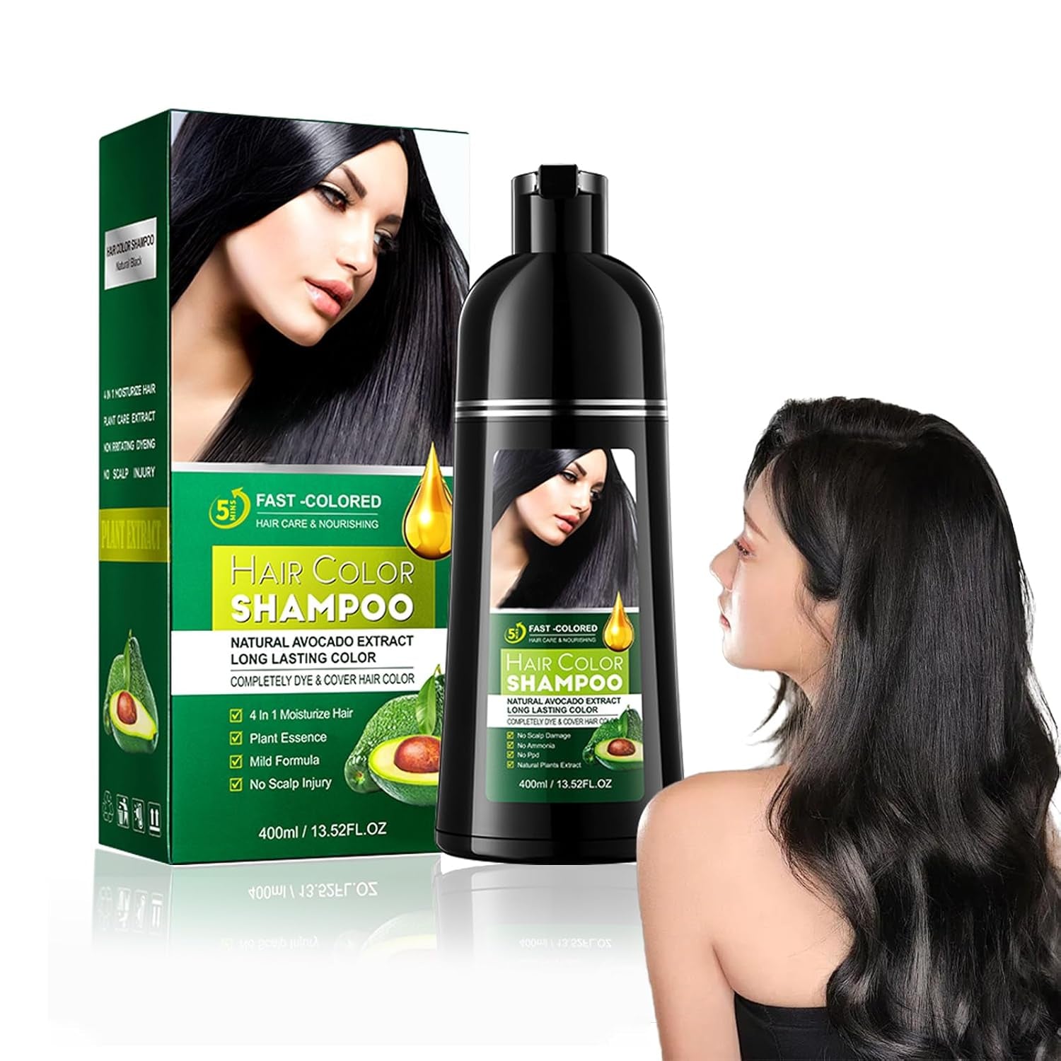 Teinture cheveux bruns, shampoing teinture cheveux - 500 ml shampoing teinture cheveux gris, couverture 100% gris, facile et rapide à utiliser, soin de couleur parfait pour hommes et femmes Teinture cheveux Naty Shop Women Black