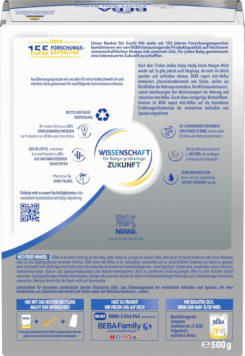 BEBA expert Anti-Reflux - AR Formule spéciale dès la naissance, pour augmenter les éructations et les vomissements, nourriture pour bébé, lait en poudre pour bébé, 1 paquet (1 x 500 g)