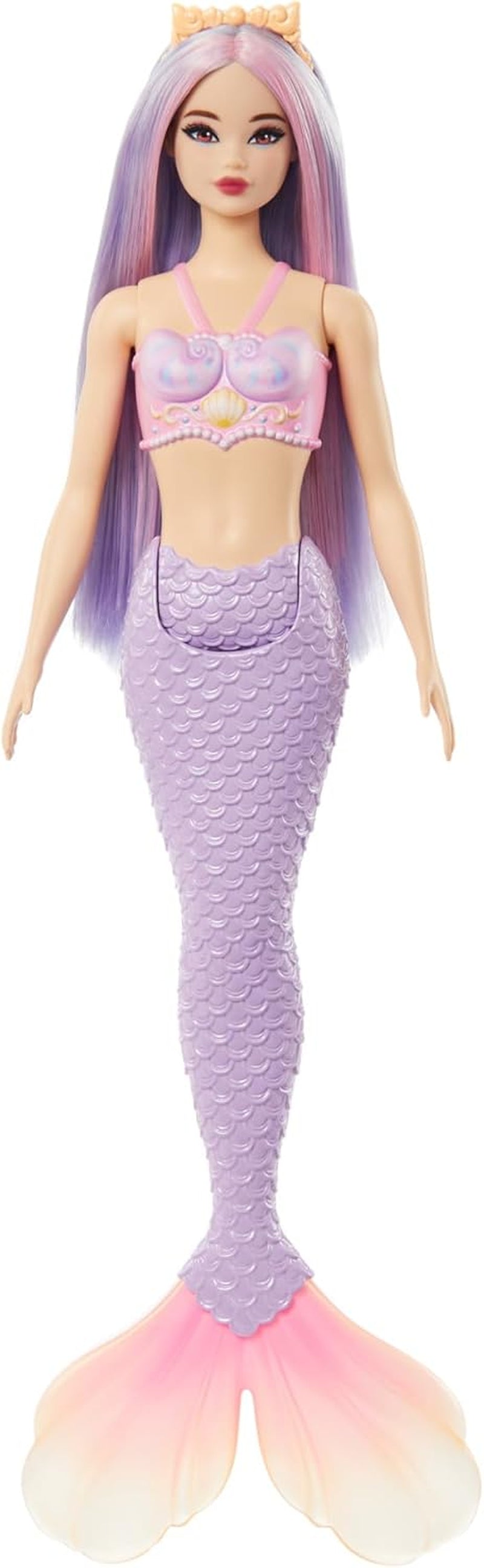 Barbie Meerjungfrau-Puppe mit fantasievollem zweifarbigem Haar in Blau und Gelb, Haarband, Puppe mit Muscheloberteil und türkisfarbener Schwanzflosse, HRR03