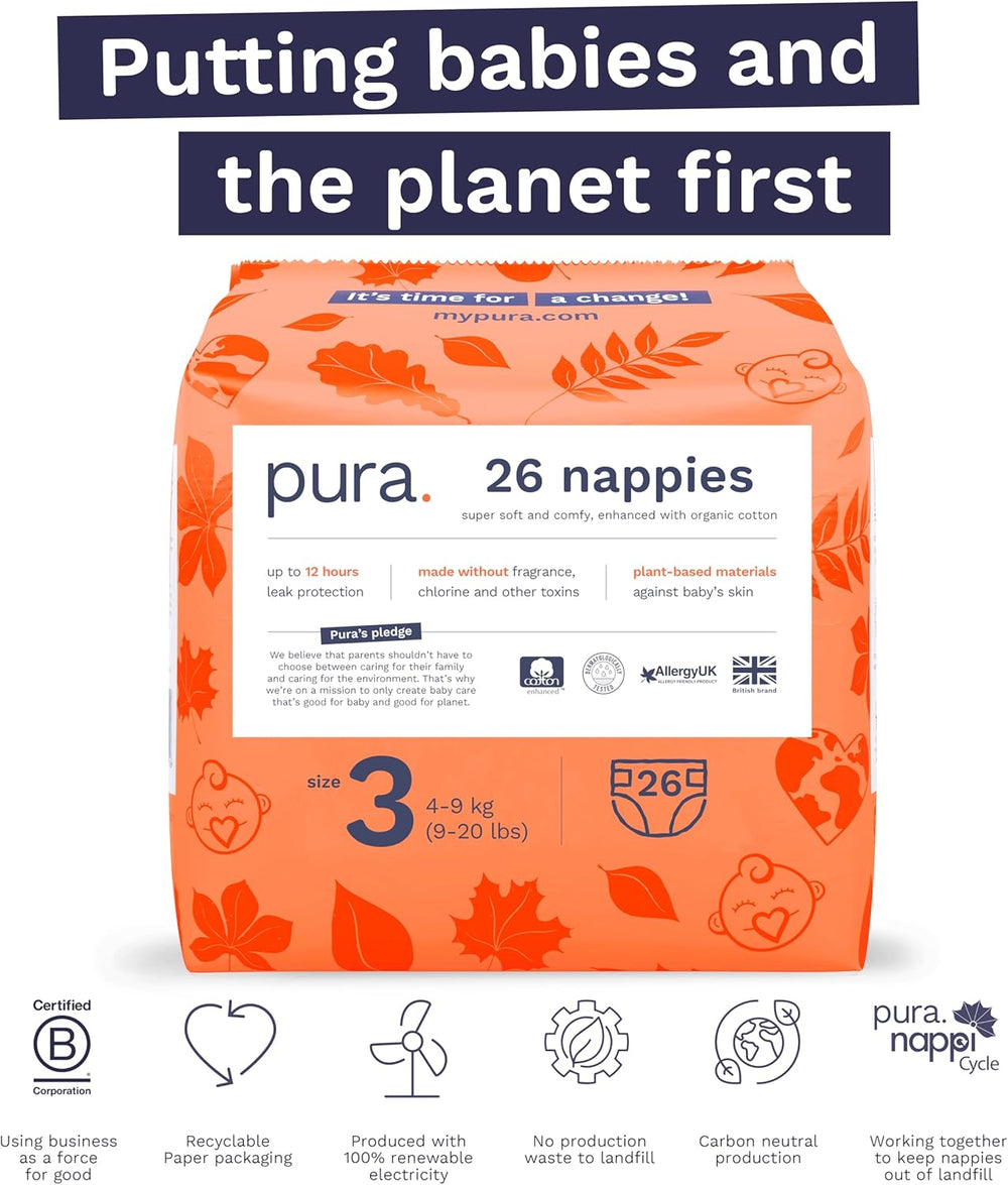 Couches Eco Baby - Taille 3 (4-9 kg), 1 paquet (26 couches), couches ultra douces pour peaux sensibles, coton biologique, protection contre les fuites jusqu'à 12 heures, nouveau guide des tailles