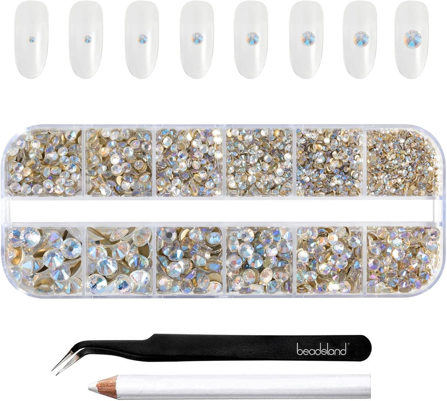 Beadland 2500Pcs Verre Nailart Strasssteine ​​​​Kristall Flatback Edelsteine ​​​​Runde, ​​​​pour Handwerk Gemischt 8 Größen SS4 ~ SS30 Mit Picking Pinzette Und Stift (Kristall Weiss)