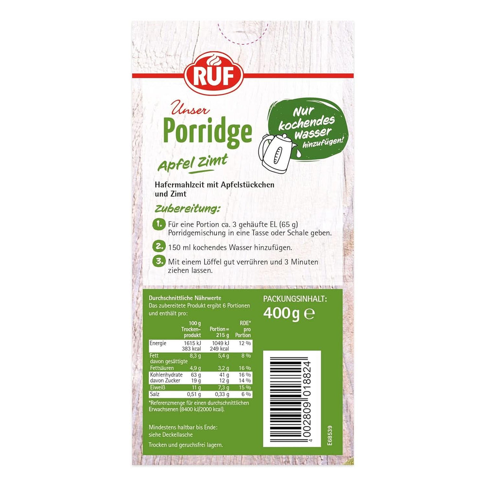 RUF Porridge Pomme Cannelle, avec flocons d'avoine entiers, fine saveur de cannelle et morceaux de pommes séchées, 400 grammes Cereale Naty Shop