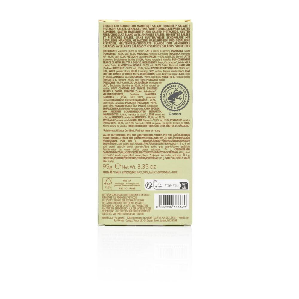Venchi - Barre aux Noisettes Salées, Noisettes Salées, Amandes et Pistaches, 95g, aux "Noisettes du Piémont", Sans Gluten, Sans Colorants Artificiels et Sans Conservateurs