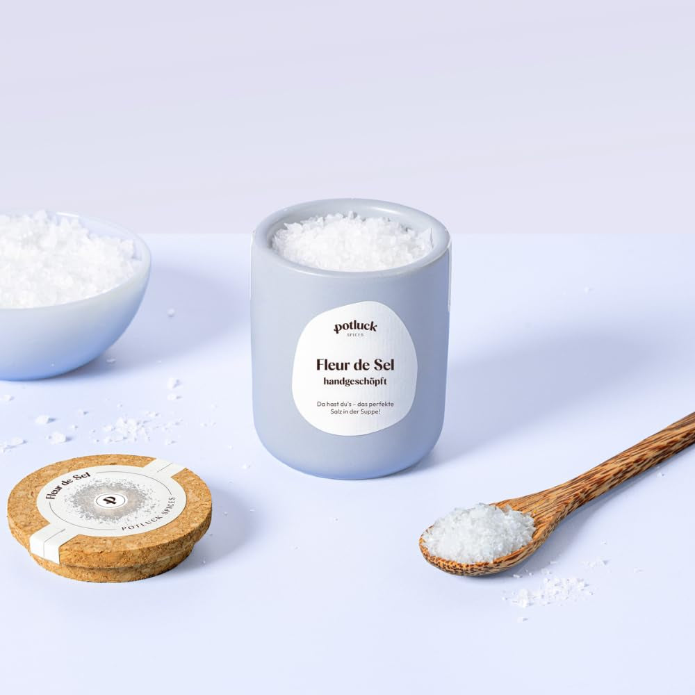 Repas-partage | Fleur de Sel handgeschöpft | Meersalz sur le dessus en céramique | 80g | Végétalien, sans gluten et avec des ingrédients naturels