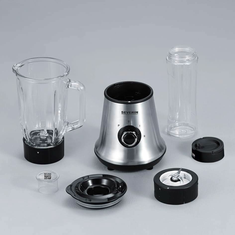 SEVERIN Multimixer, batteur sur socle 2 en 1 et machine à smoothie avec 1 L de récipients en verre et de boissons, mixeur de cuisine avec 2 lampes et fonction impulsion, 500 W, Edelstahl/Schwarz, SM 3737 Mother and Child Naty Shop