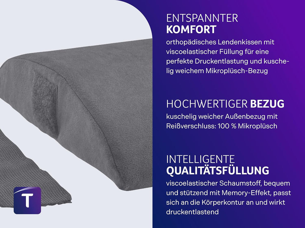 Pernă ortopedică pentru spate/lombare Traumnacht cu miez din spumă vâscoelastică și husă din microfleece prietenoasă cu pielea, certificată Öko-Tex, produsă conform standardelor germane de calitate