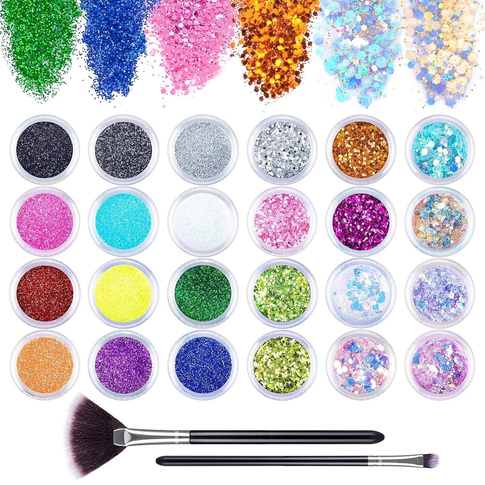 24 couleurs Glitzer Set avec Blattgold et Glitzerpulver, Nageldesign Zubehör Pailletten Basteln Nail Art Glitter Mit Pinsel pour Nägel Gesicht Körper DIY Nagelkunst Make Up