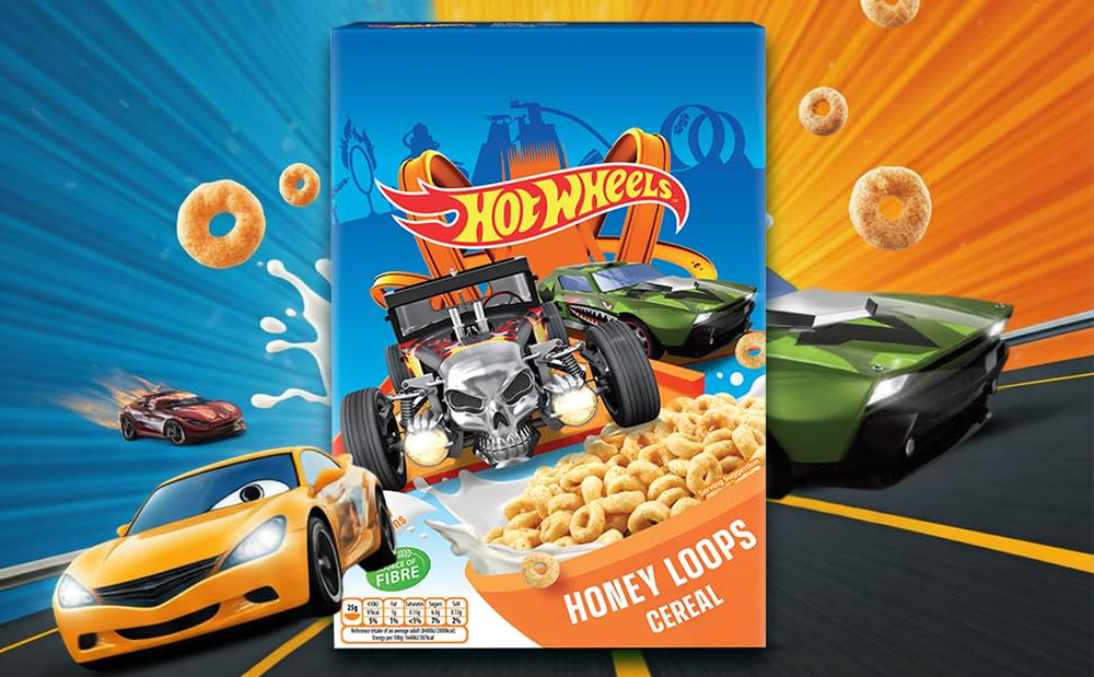 Hot Wheels Honey Loops Céréales croustillantes pour petit-déjeuner à grains entiers avec vitamines ajoutées, 1 paquet (1 x 375 g)