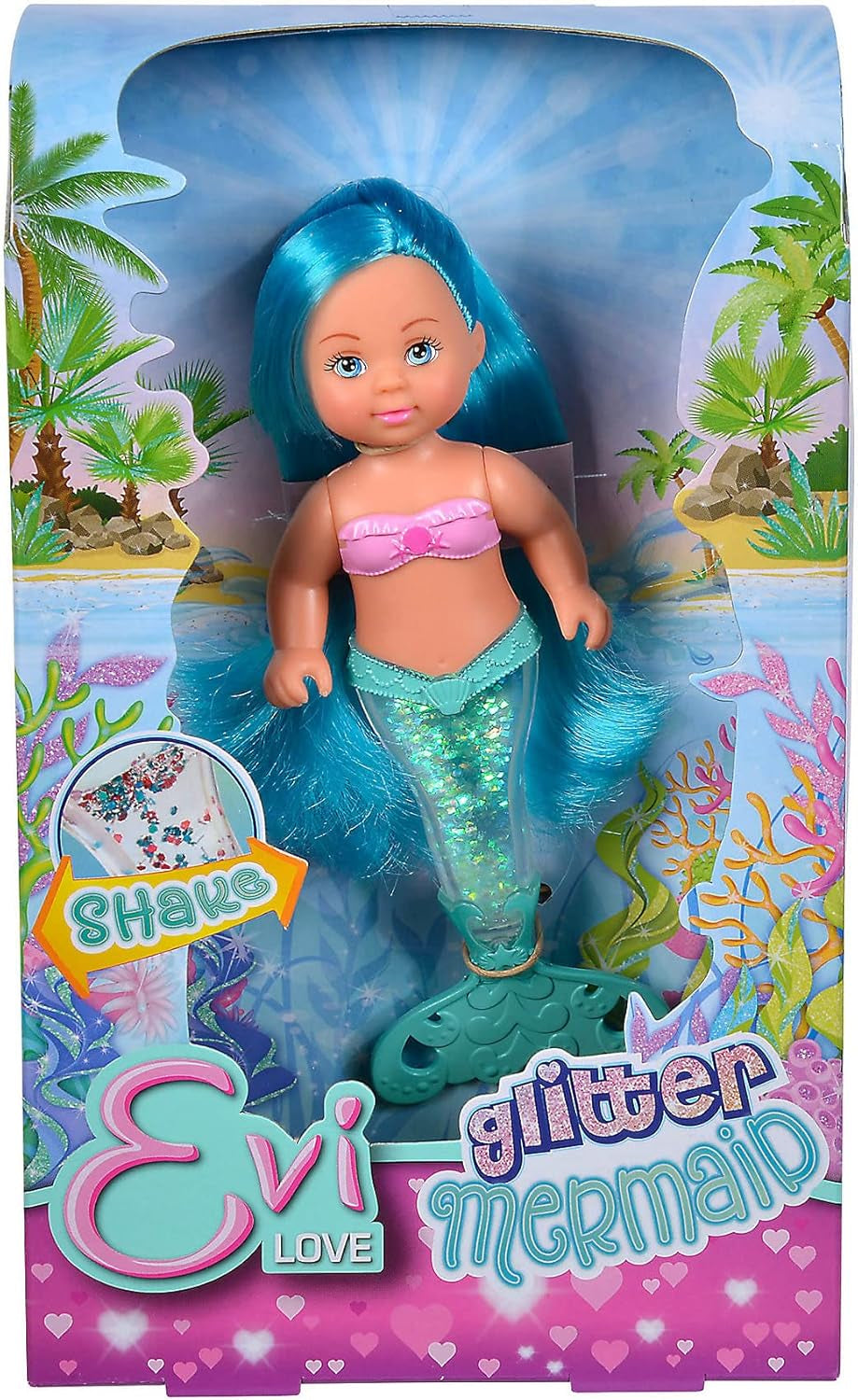 Simba 105733482 - Evi Love Glitter Mermaid, poupée sirène avec une nageoire caudale qui brille lorsqu'on la secoue. Un seul article est fourni.
