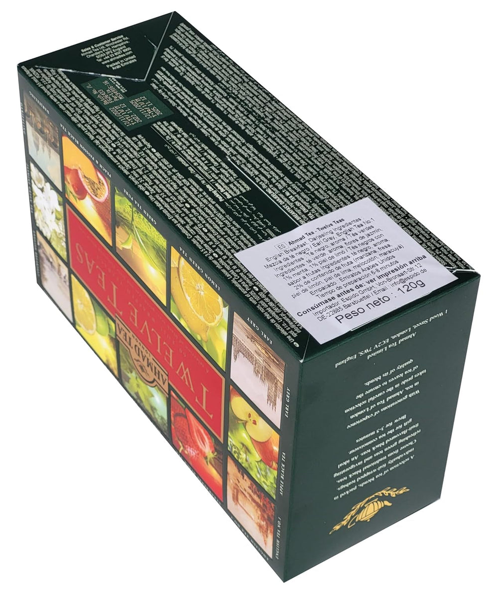 Ahmad Tea Twelve Teas – 12 assortiments de thé noir et vert avec différentes saveurs – 60 sachets de thé emballés individuellement, scellés pour préserver les saveurs, 120 g de thé