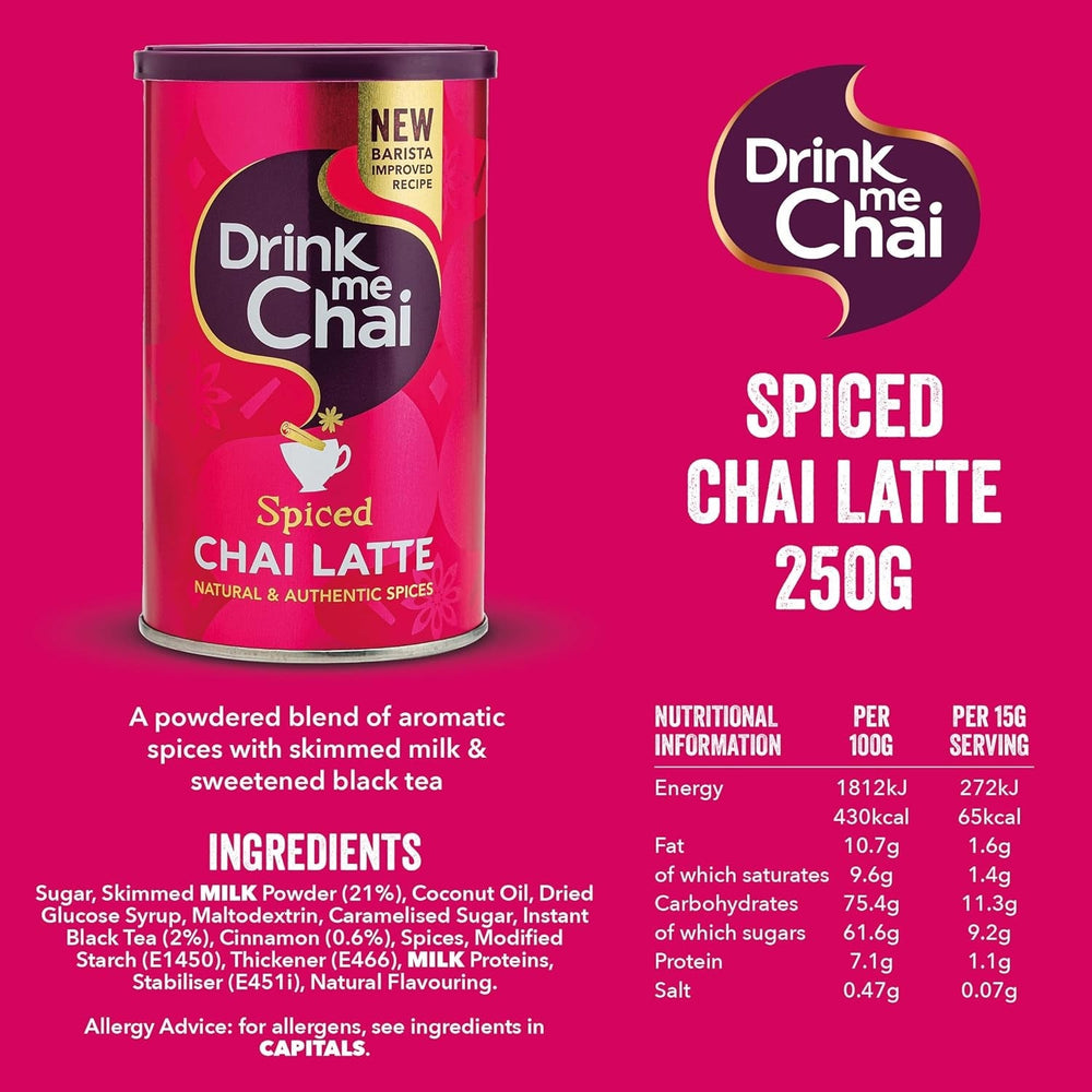 Drink Me Chai Chai Latte épicé 250 g (lot de 1) – Il suffit d'ajouter de l'eau en poudre Chai Latte (16 portions)