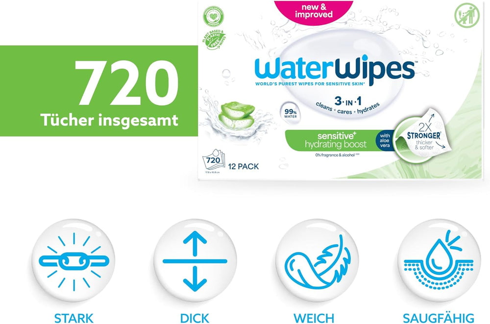 Lingettes humides WaterWipes Sensitive+ Hydrating Boost, lingettes hydratantes, 720 unités (paquet de 12), 3 en 1 propres, soignent, hydratent, 99 % d'eau d'aloe vera, lingettes pour bébé non parfumées