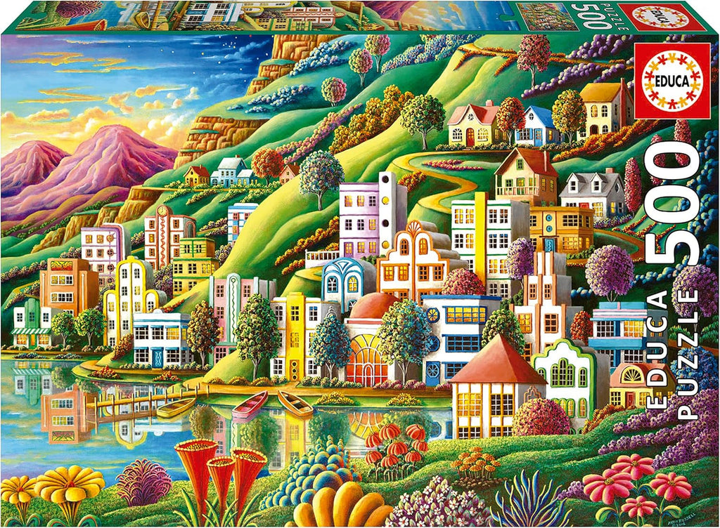 Educa - Puzzle 500 piese pentru adulți | Satul colorat de lângă lac, puzzle 500 piese pentru adulți și copii de la 11 ani, puzzle peisaj, ilustrație (19552) Puzzle Naty Shop Titlu implicit