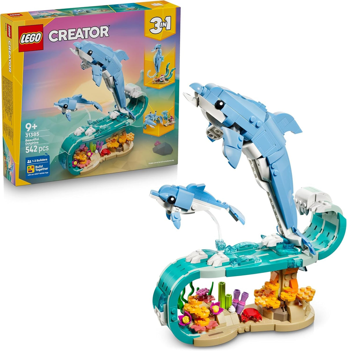LEGO Creator 3-in-1-Set Meerestiere: Wunderschöne Delfine - Tierfiguren - Set mit 3 Optionen: Delfine, Seepferdchen & Krabbe - Spielzeug für Kinder ab 9 Jahren - Geschenk für Mädchen & Jungen - 31385