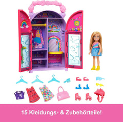 Barbie Chelsea Puppe und Kleiderschrank-Spielset mit Kleidung und Accessoires, 17-teiliges Set, faltbar zum Spielen für unterwegs und zum Verstauen, HXN03
